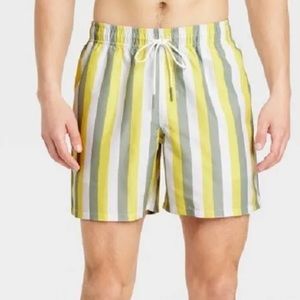 GOODFELLOW Men's Size XL Cabana Striped Swim Trunk Yellow Multicolored 6” inseam